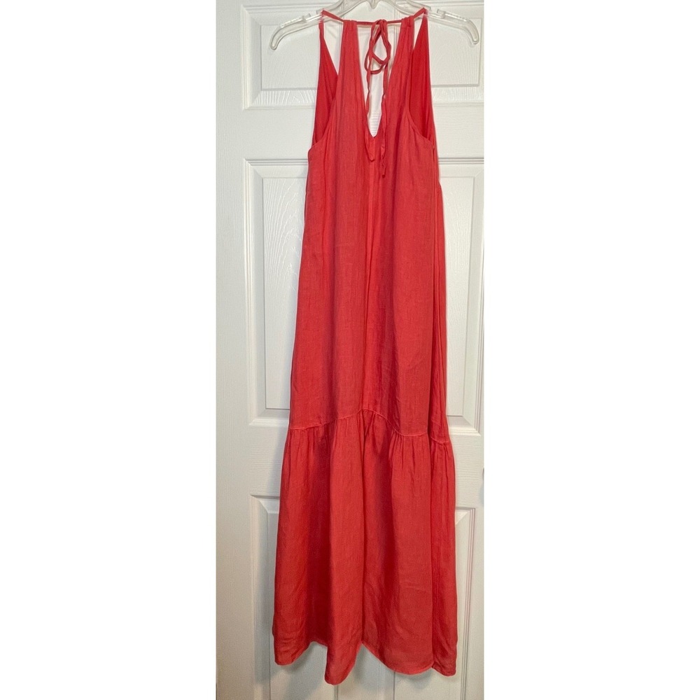 120% Lino Linen Maxi Dress Small Coral Pink Tiered Halter V-Neck Italy - Picture 2 of 9